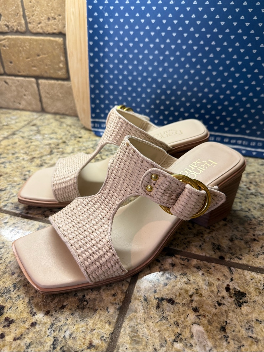 Franco Sarto Blush Woven Slide Sandals with Gold Buckle